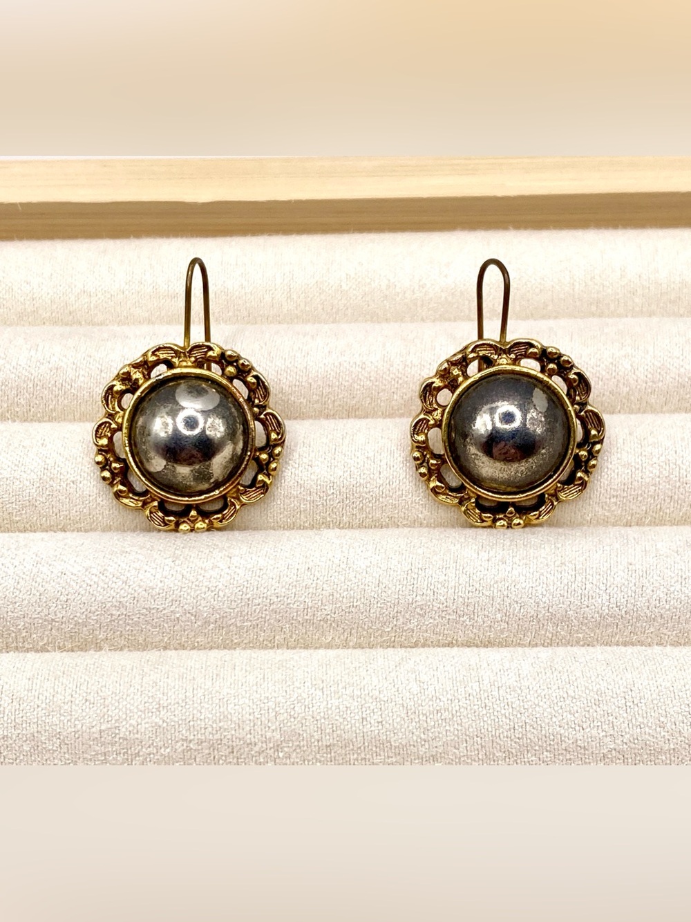Vintage Gold Floral Frame Drop Earrings with Silver Domes